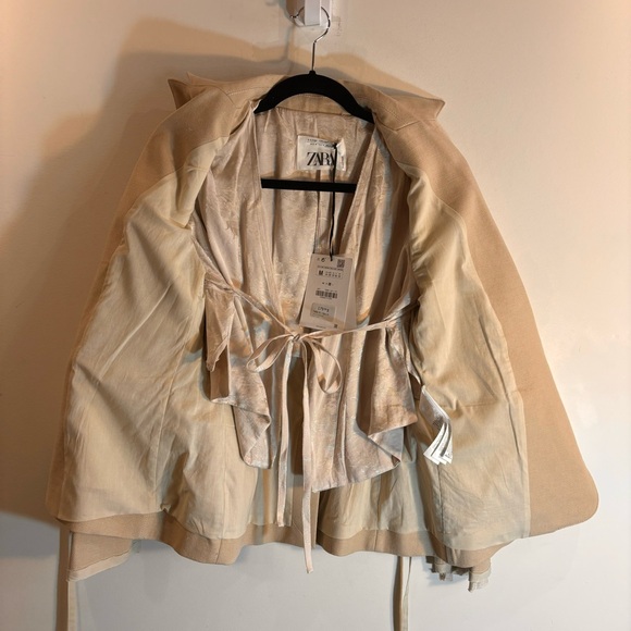 ZARA Sz M Tie Front Blazer Cotton Linen Blend Lined Made in Spain Pockets NEW - Picture 6 of 12